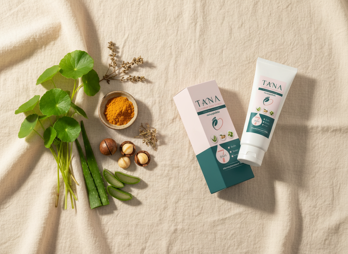 ส่วนผสมธรรมชาติของ TANA — ใบบัวบก ขมิ้นชัน ว่านหางจระเข้ น้ำมันมะคาเดเมีย พร้อมหลอดและกล่อง TANA